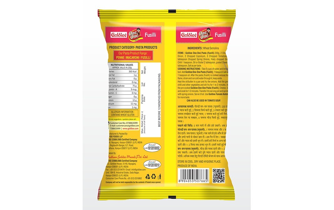 Goldiee One One Pasta Fusilli   Pack  200 grams